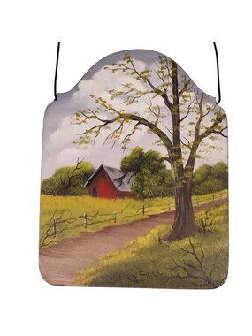 Handpainted Red Barn Country Road on Wooden Plaque Wire Hanger Signed Wanda Sell